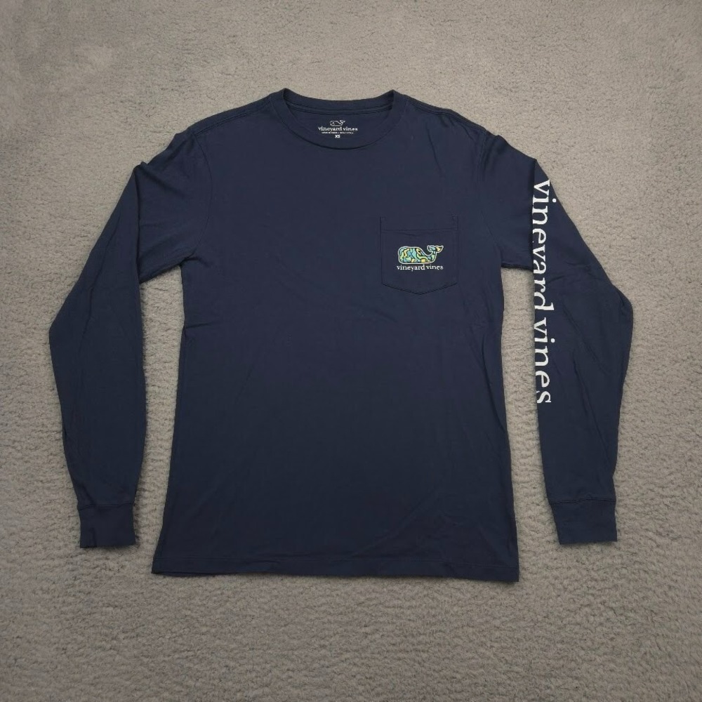 Vineyard Vines Mens XS Navy Long Sleeve Pocket Tee Fish Graphic Logo Shirt
